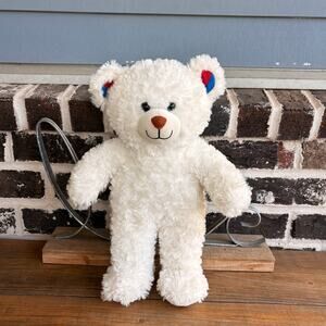 Build A Bear White Cream Teddy Bear Red Blue Ears Curly Fur BABW Plush